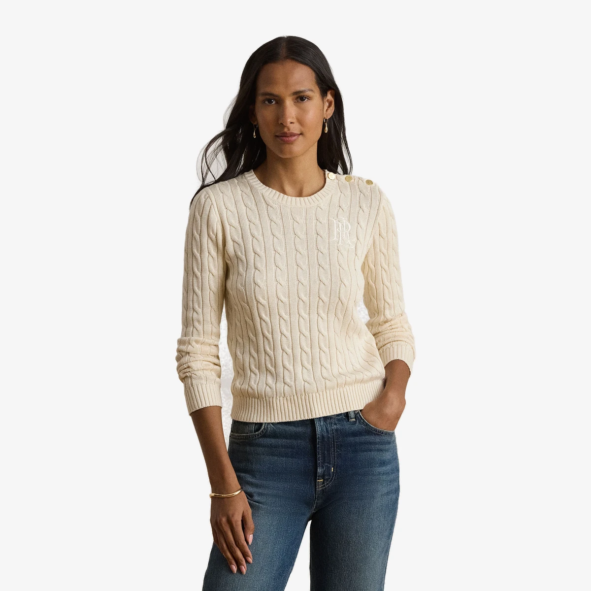 Lauren Ralph Lauren Button Trim Cable Knit Sweater — კრემისფერი