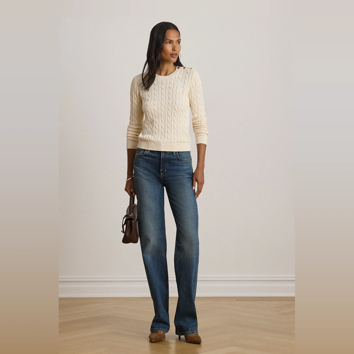Button Trim Cable Knit Sweater вид 2