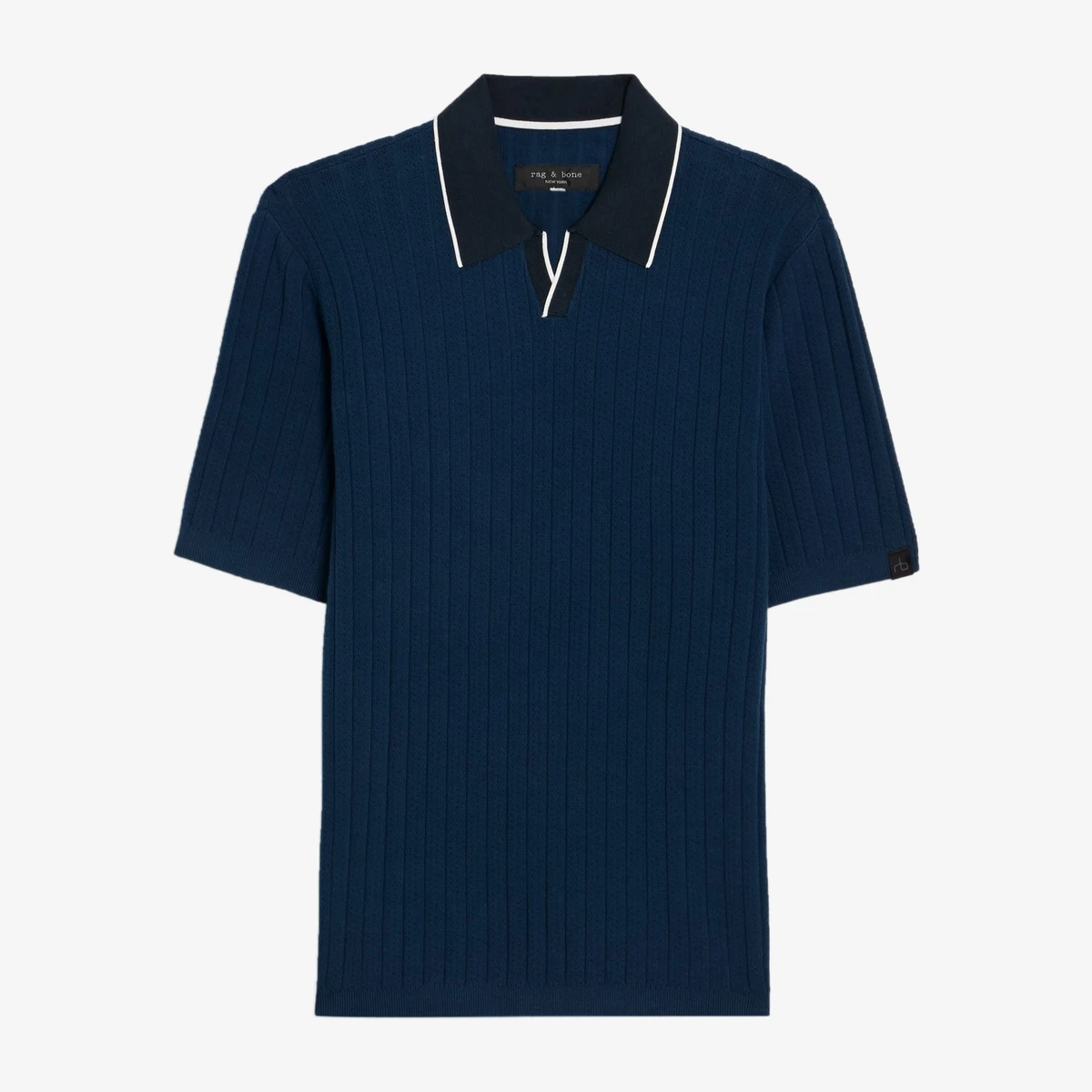 Rag & Bone Johnny Ribbed Pointelle-Knit Cotton-Blend Polo Shirt in Navy