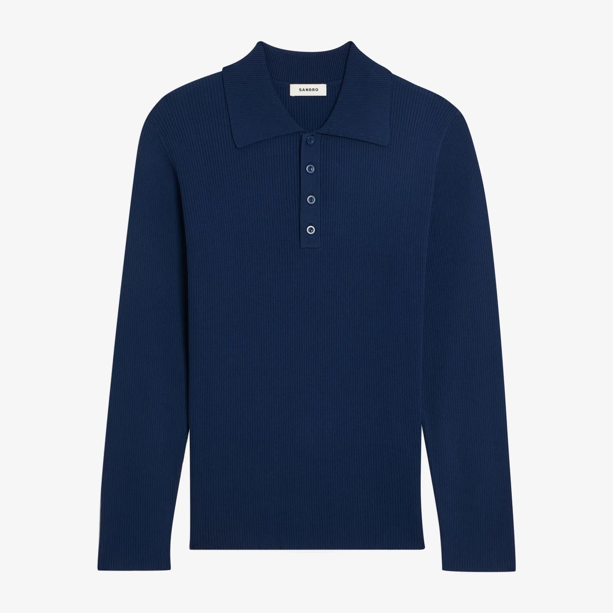 Sandro Ribbed-Knit Long-Sleeve Polo Shirt in Navy