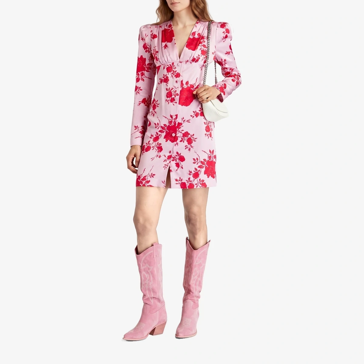 Gathered Floral-Print Satin Mini Dress вид 2