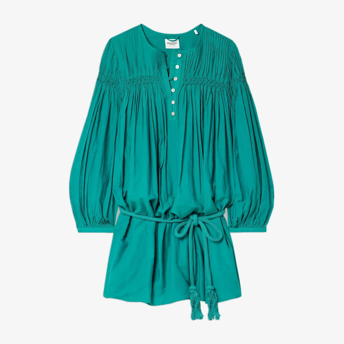 Marant Étoile Adeliani Belted Pintucked Smocked Cotton-Blend Voile Mini Dress in Teal