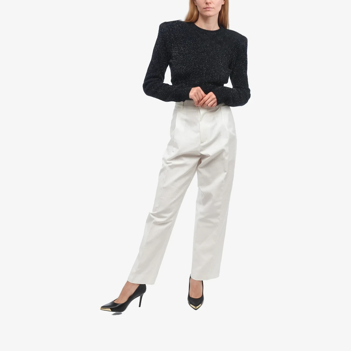 Rotate Lurex Cropped Cardigan with Padded Shoulders in Black