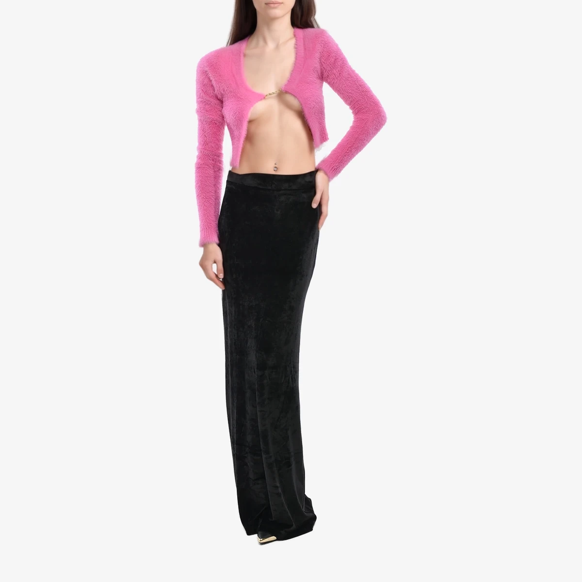 Jacquemus Cropped-Fit Fluffy-Effect Cardigan NEVE with Gold Logo in Pink