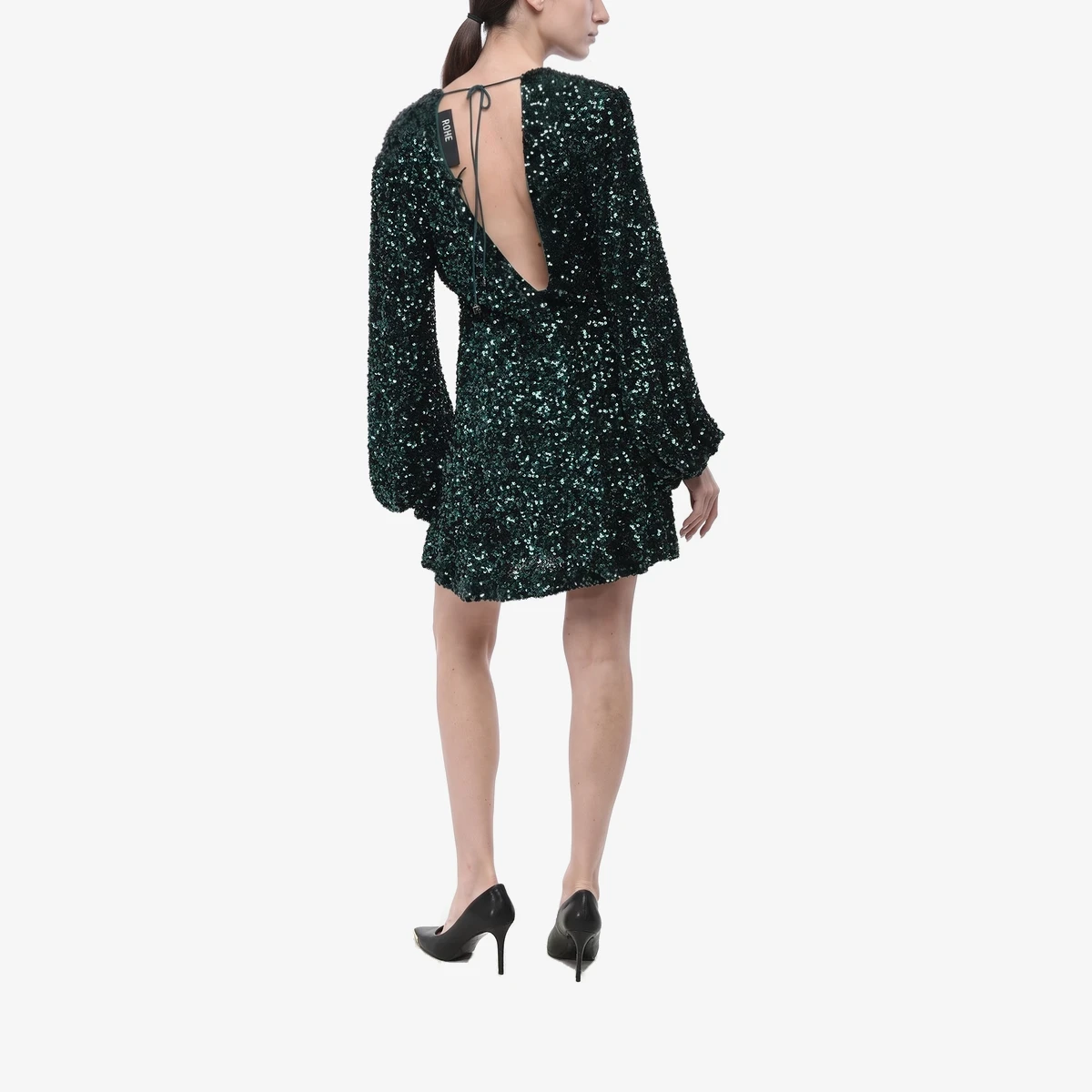 Rotate Sequined FLOWY Dress With Balloon Sleeves in Green