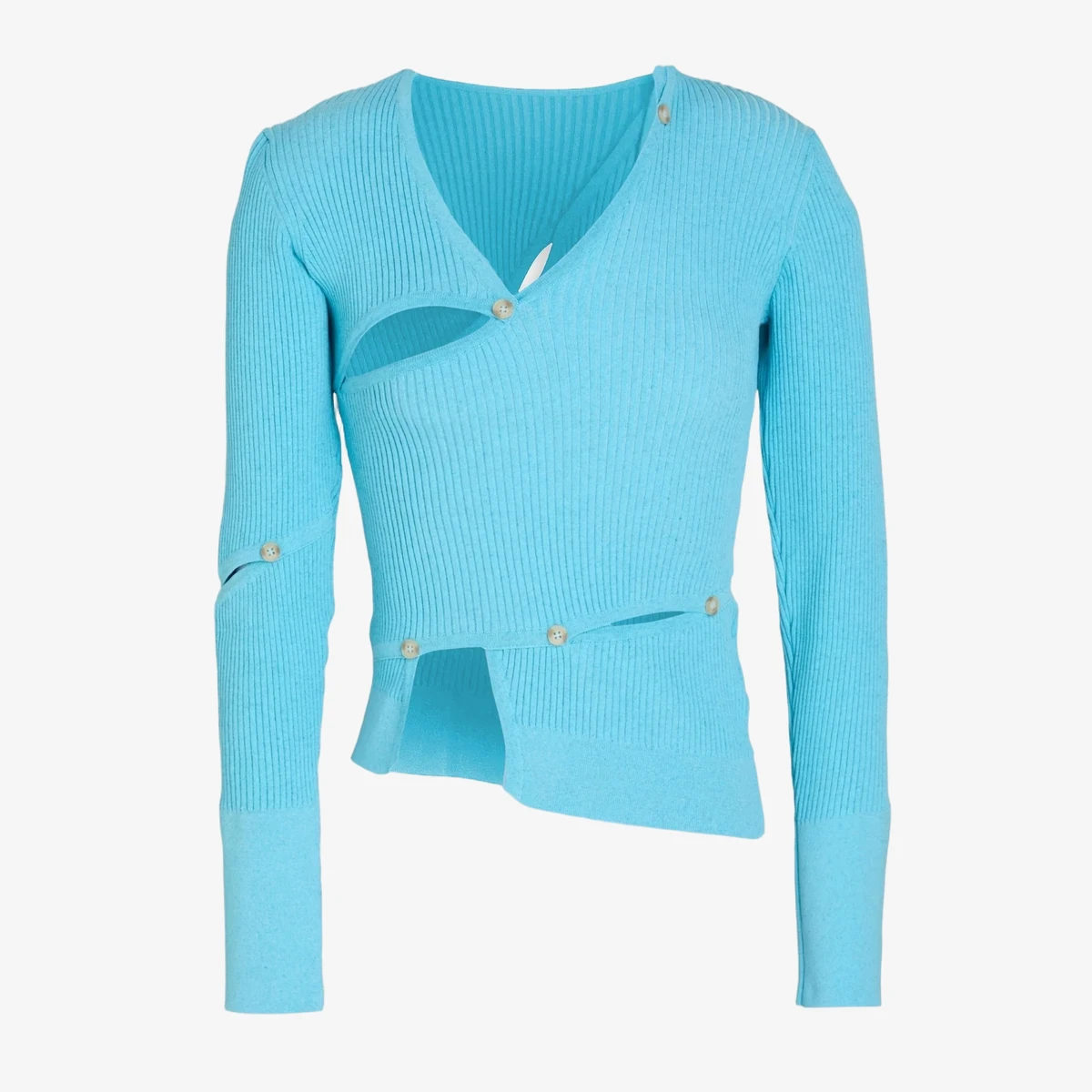 Jacquemus Tordu Button-Embellished Cutout Ribbed-Knit Top in Light Blue