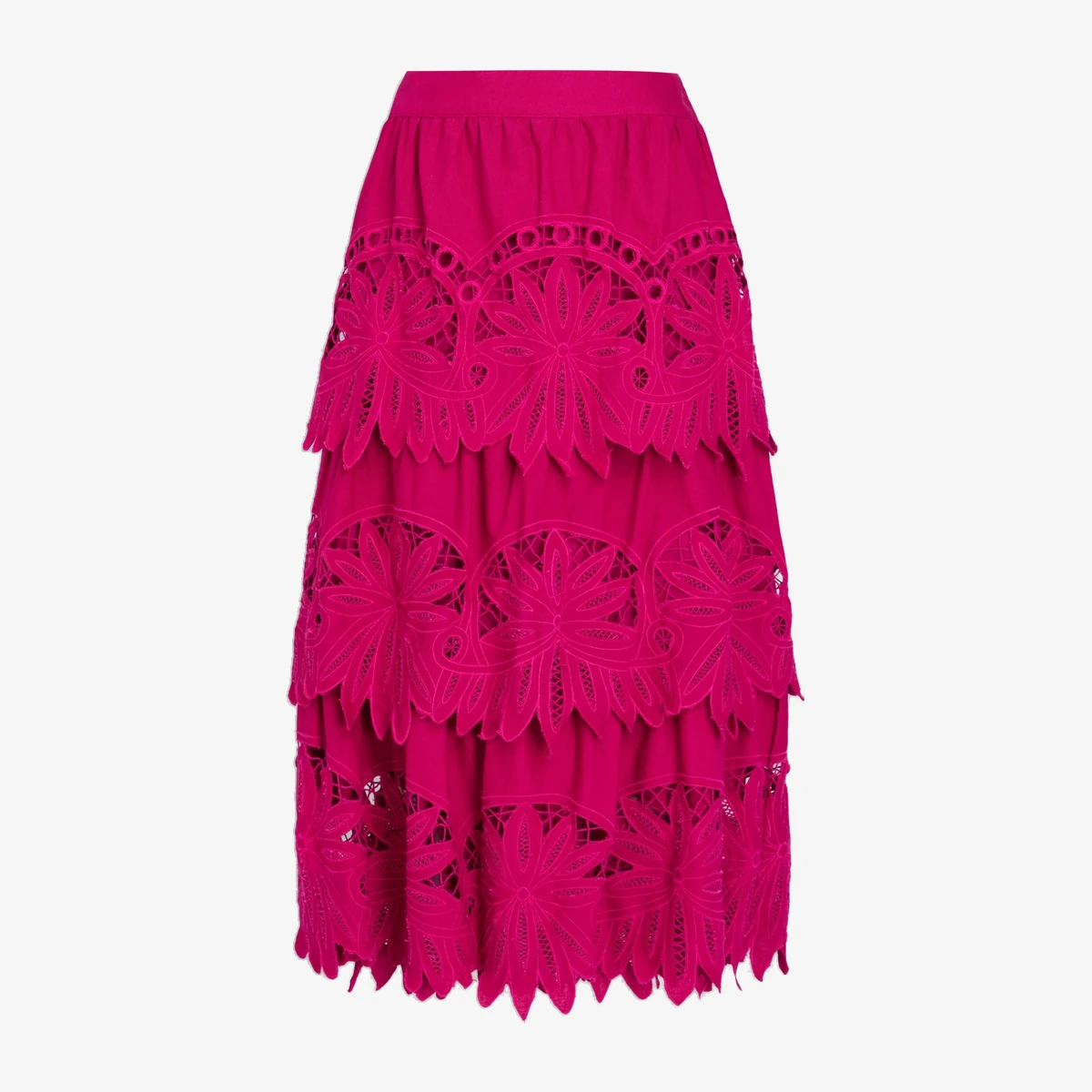 Farm Rio Tiered Broderie Anglaise Cotton and Linen-Blend Midi Skirt in Pink