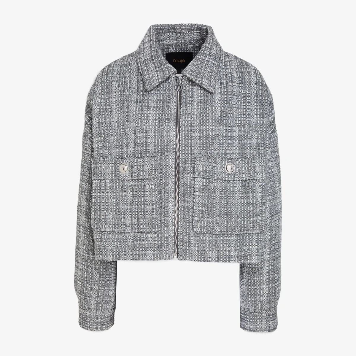 Maje Cropped Sequin-Embellished Tweed Jacket in Grey