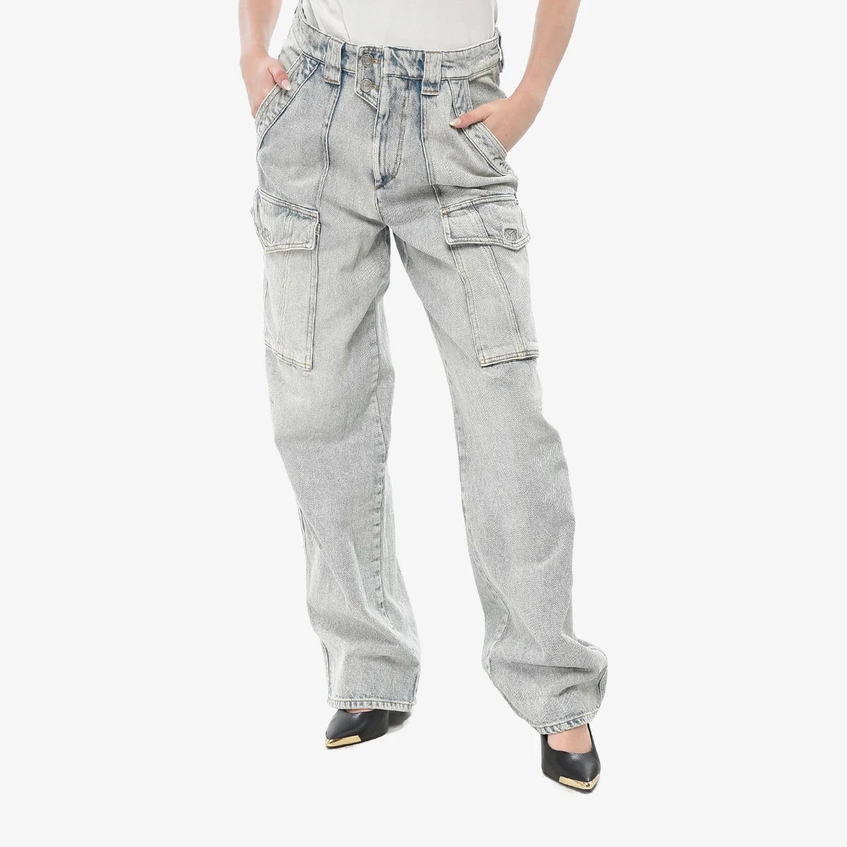 Isabel Marant ETOILE Denim Cargo Jeans HEILANI Acid Wash 23cm in Light Blue