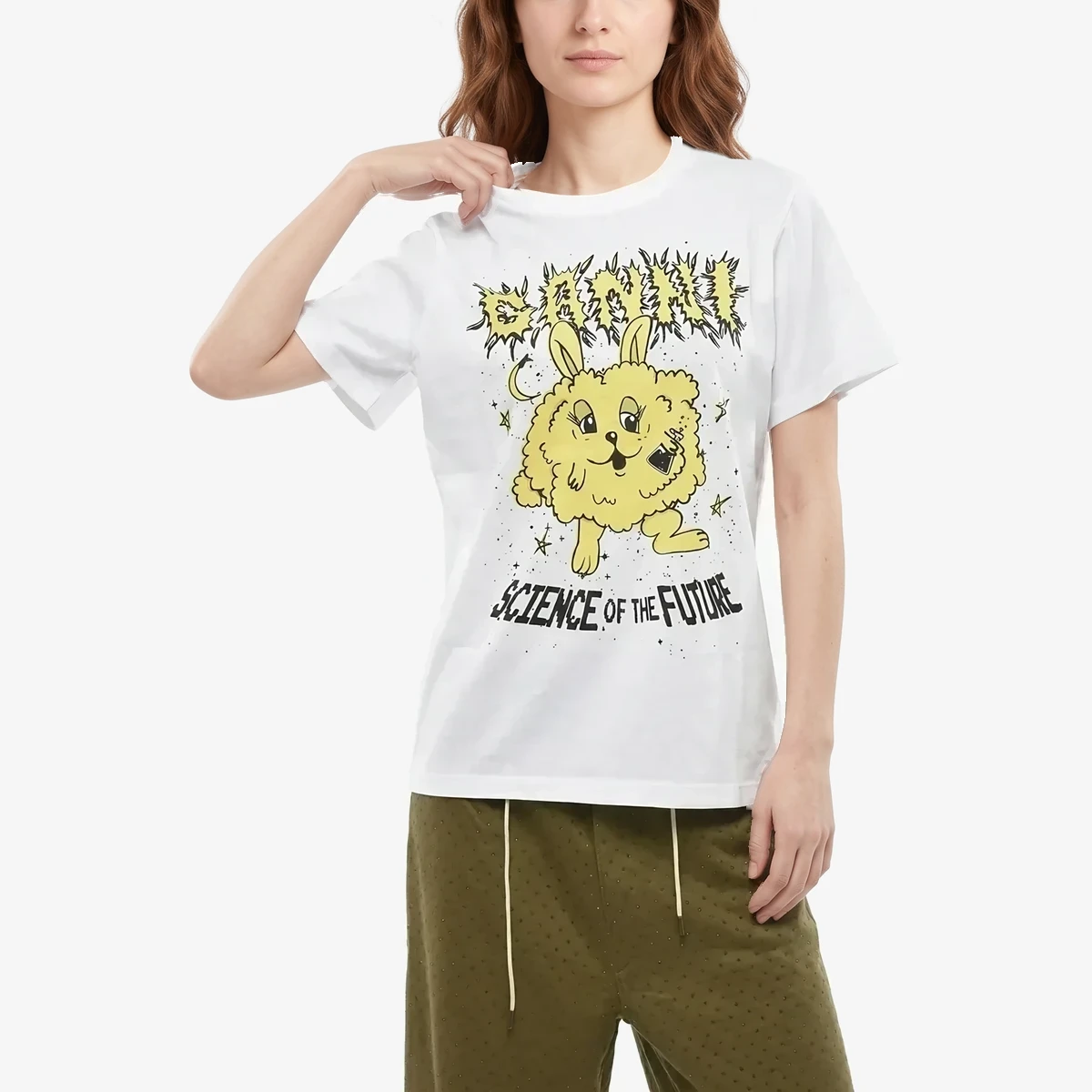 GANNI Cotton Crewneck T-Shirt With Contrast Print in White