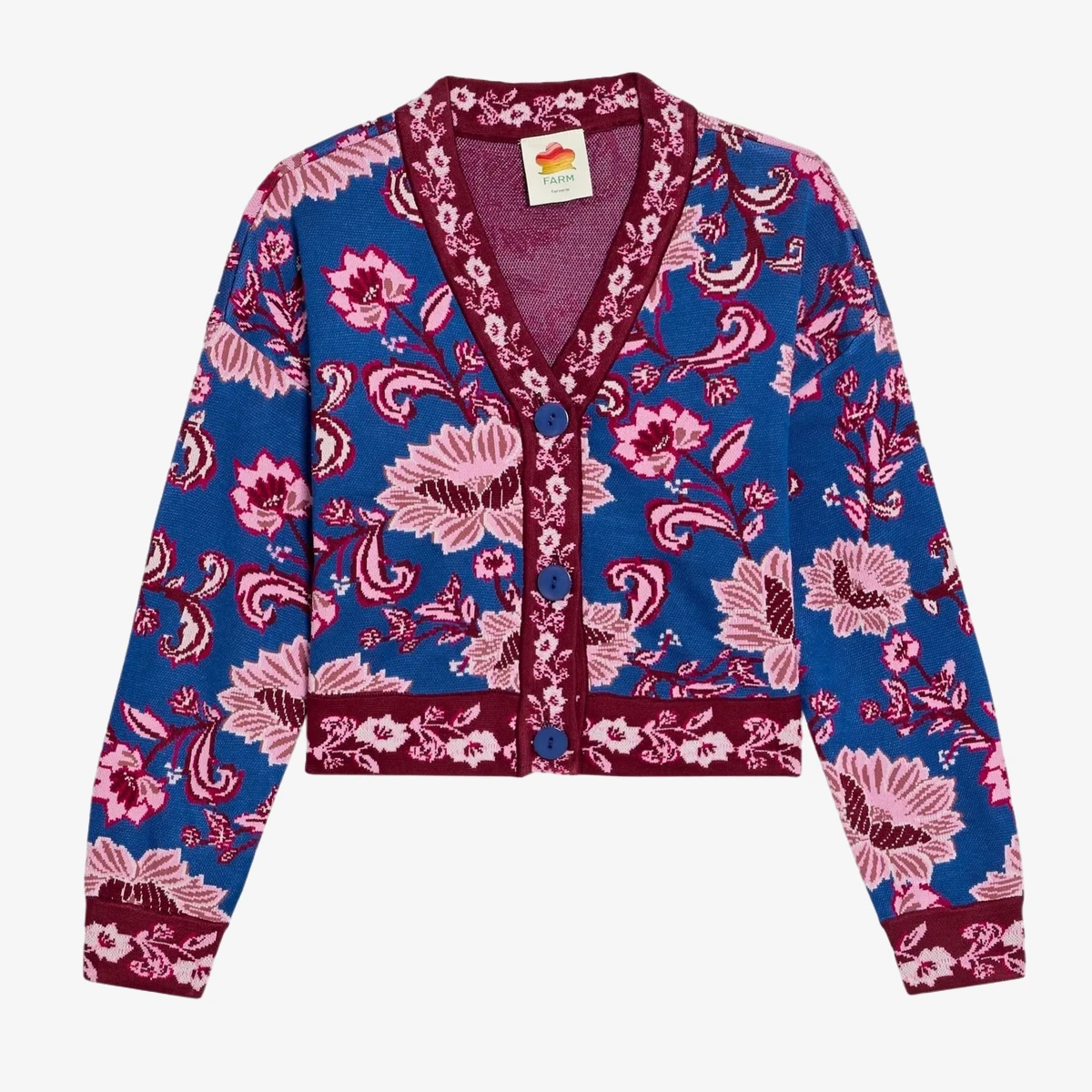 Farm Rio Flower Delicacy Jacquard-Knit Cardigan in Blue