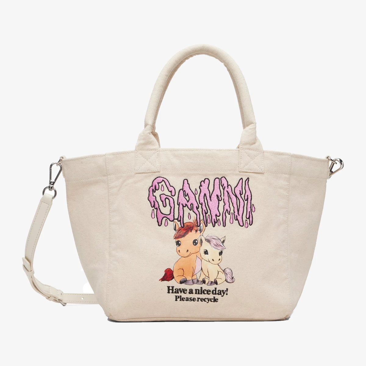 GANNI Beige Easy Pony Printed Shopper Tote in Beige