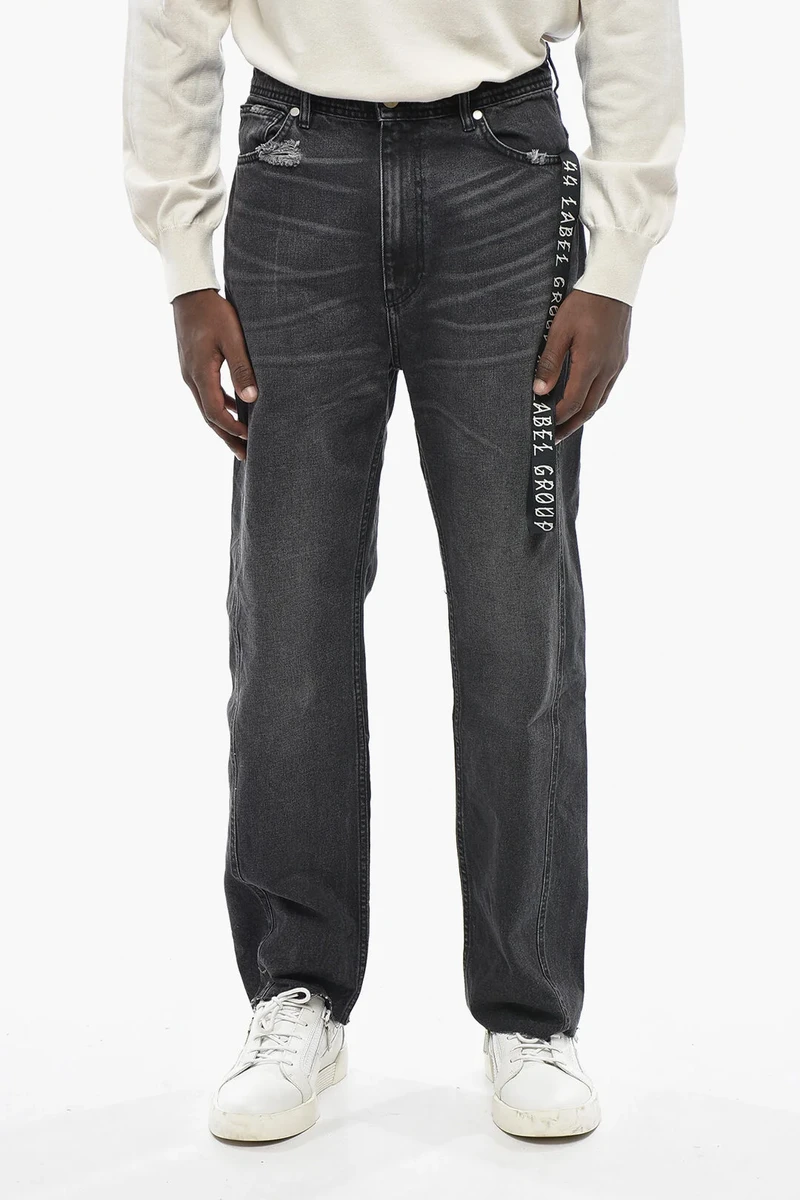 44 LABEL GROUP Dark-Wash Jeans With Frayed Hem and Logo Tape 20cm in Grey