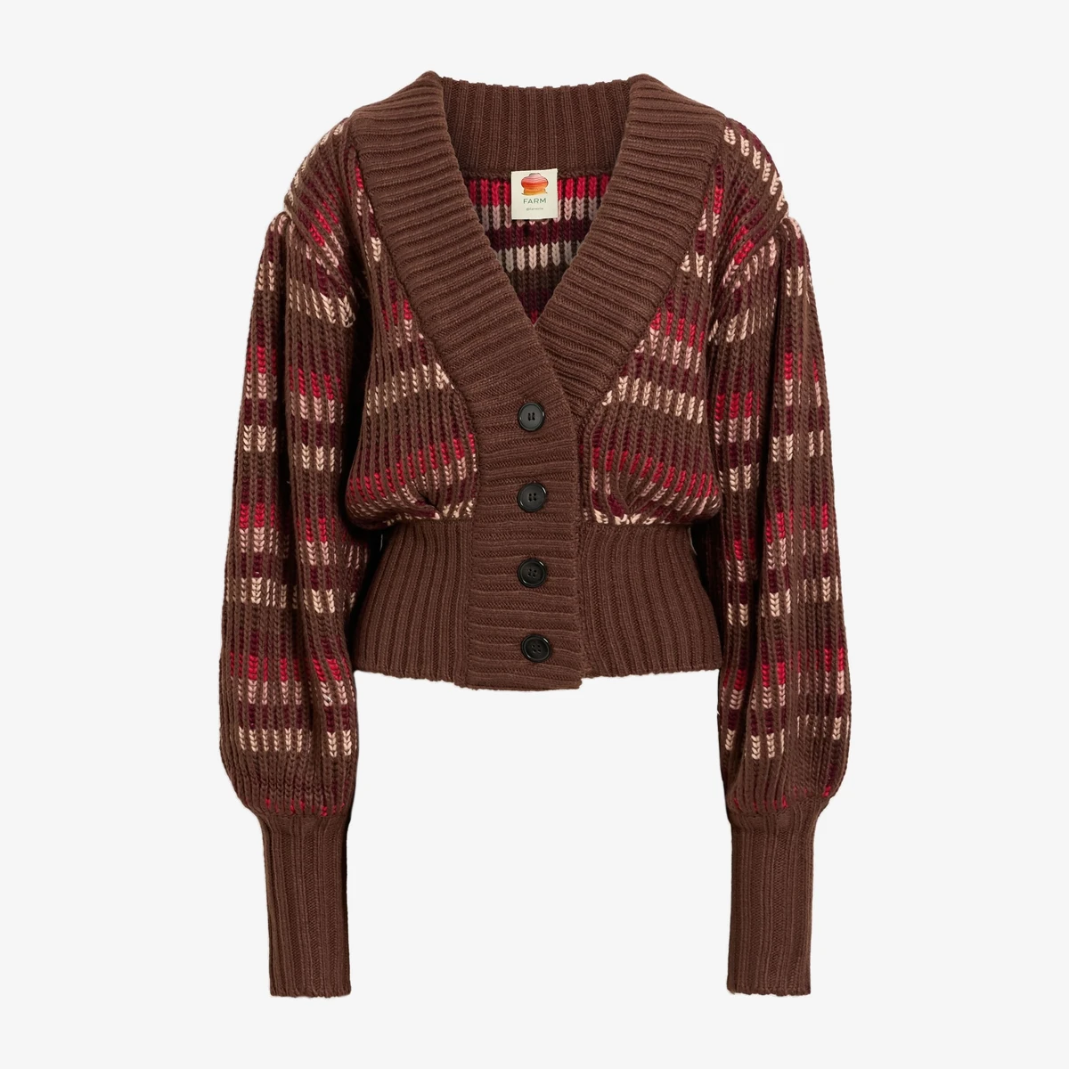 Farm Rio Striped Ribbed-Knit Cardigan in Brown
