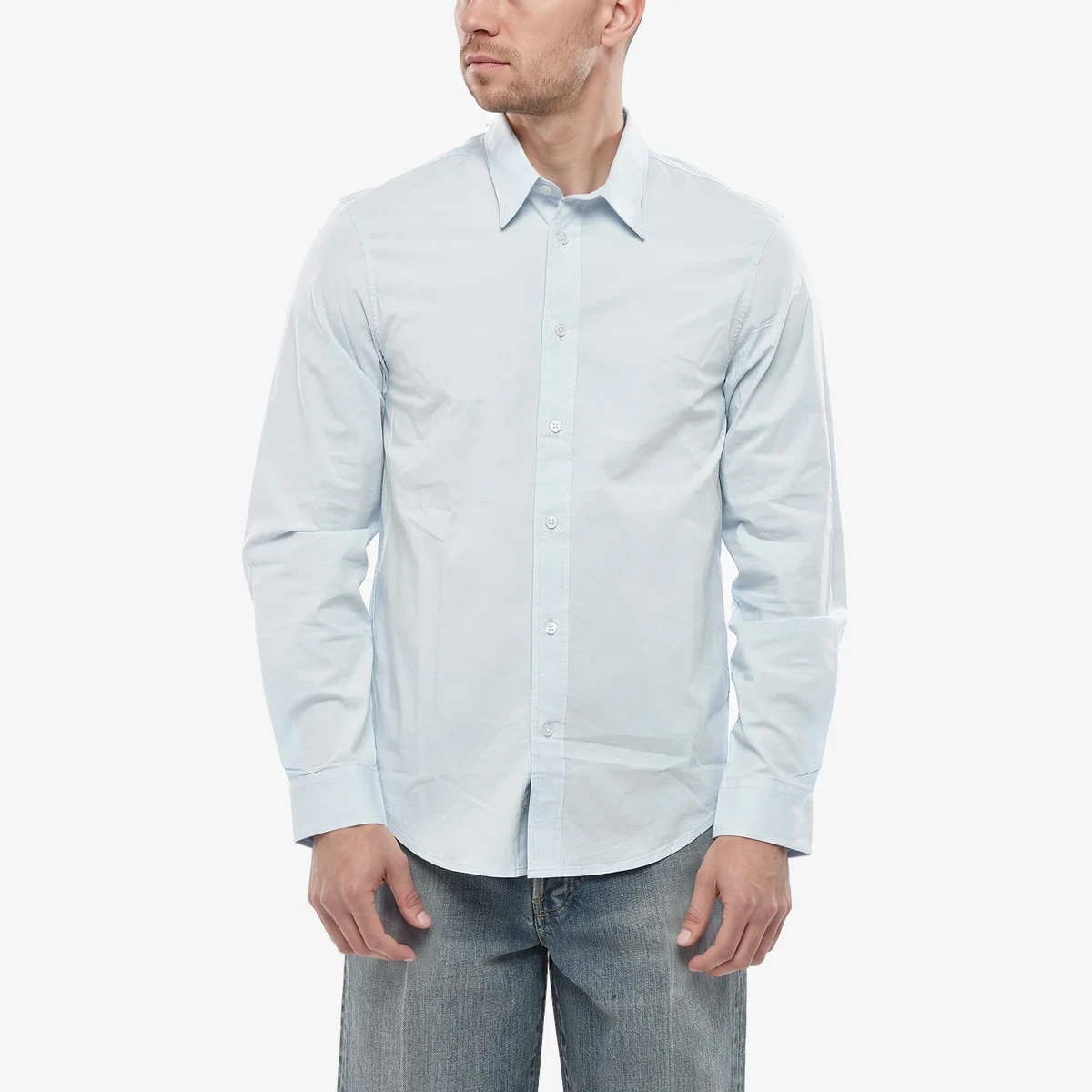 Diesel Cotton Poplin Shirt S-BENNY-PATCH with French Collar in Light Blue