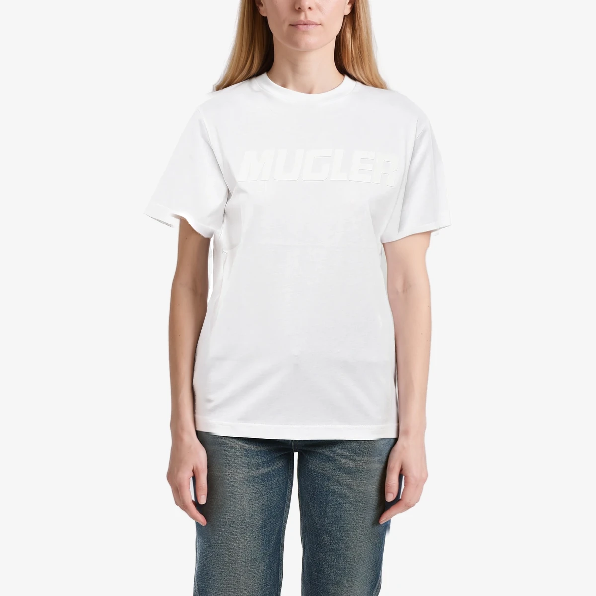Mugler Cotton Crewneck T-Shirt with Embossed Logo in White