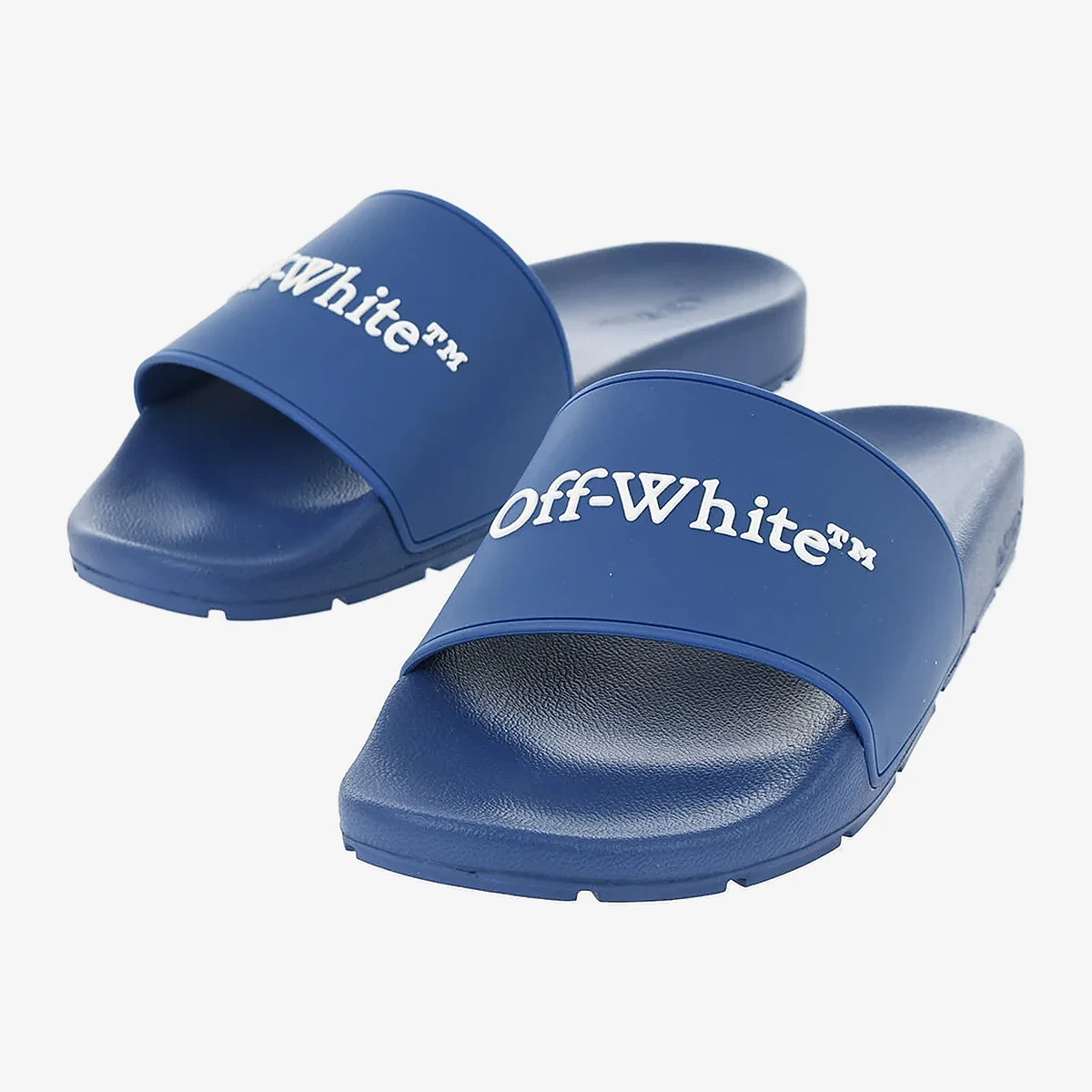 Off-White Rubber Sliders With Embossed Logo in Blue