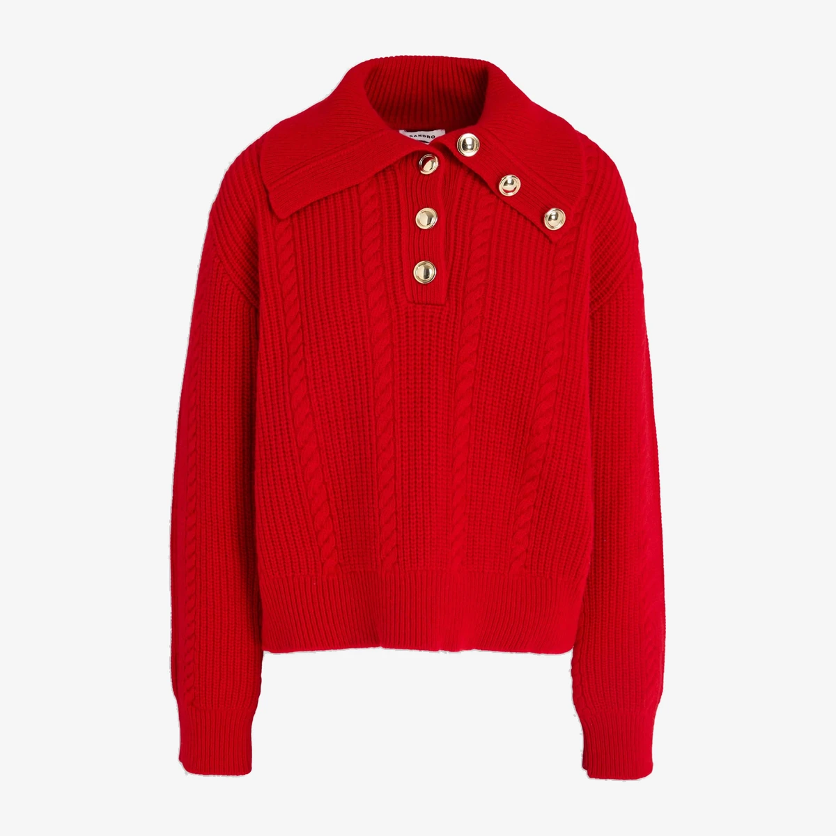 Sandro Cable-Knit Wool-Blend Polo Sweater in Red