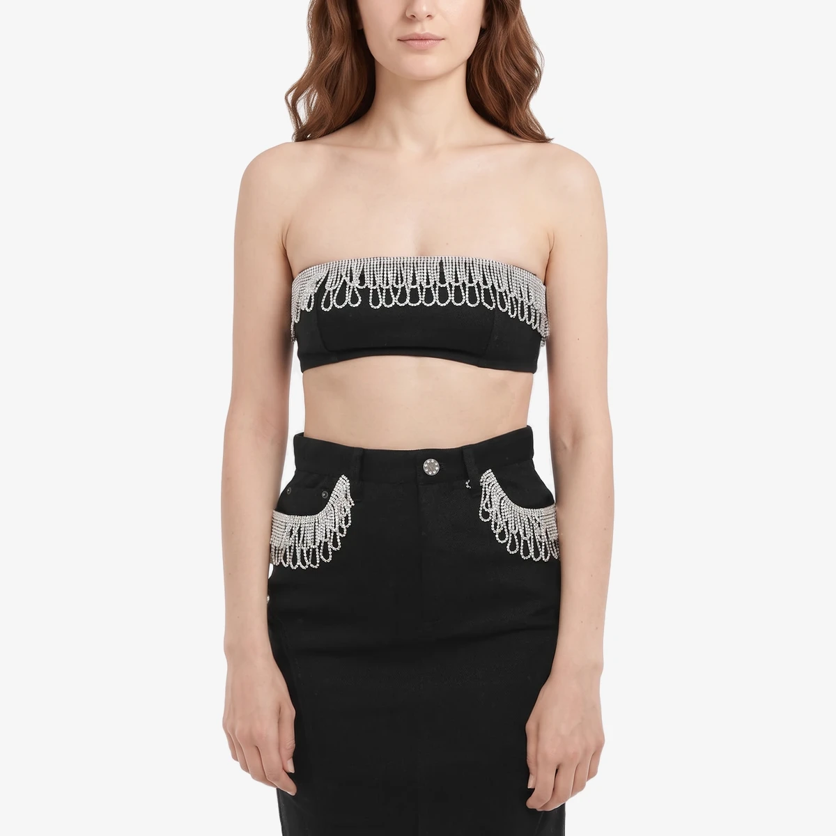 Rotate Cotton Twill Bandeau Top With Jewelry in Black