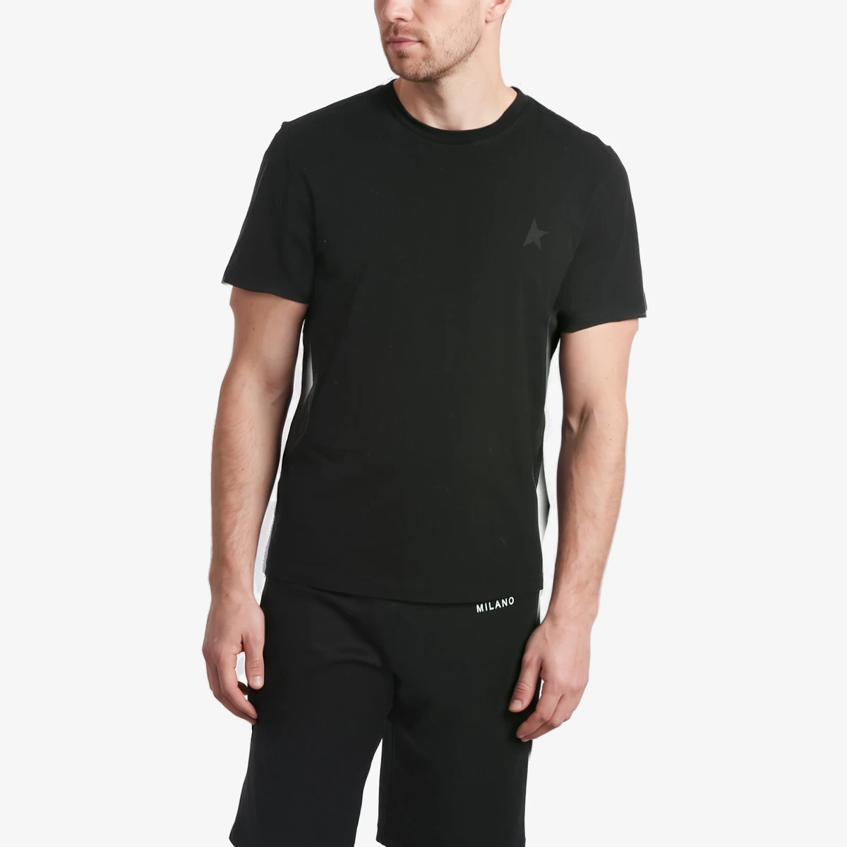 Golden Goose STAR Cotton Crew Neck T-shirt with Tone-on-Tone Logo in Black