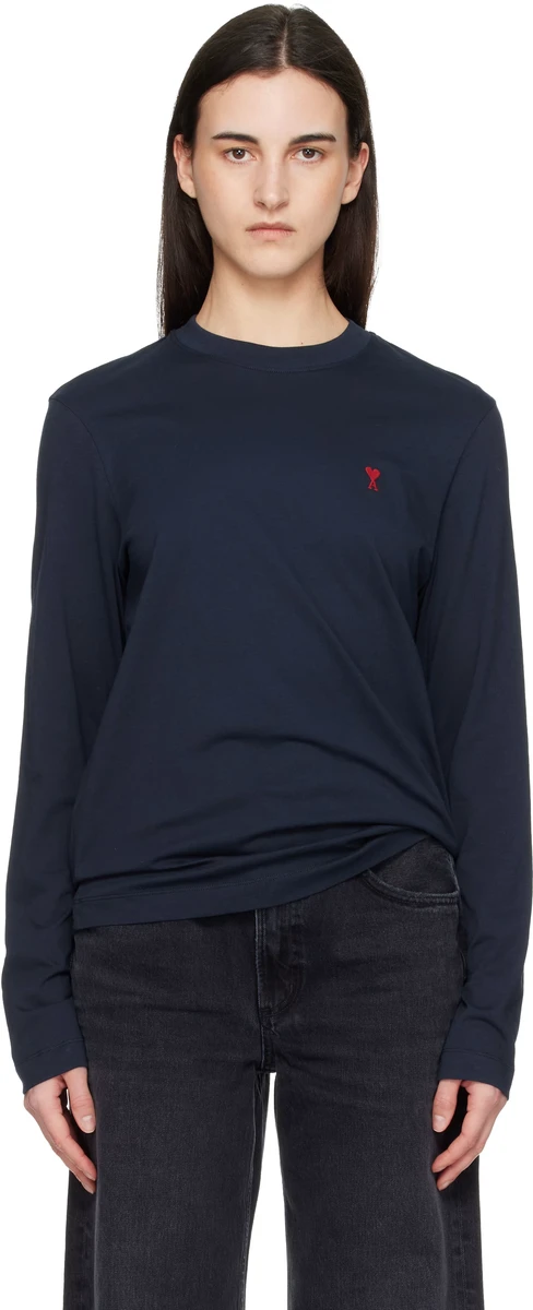 AMI Paris Navy Cotton Ami de Coeur Long Sleeves T-shirt in Navy
