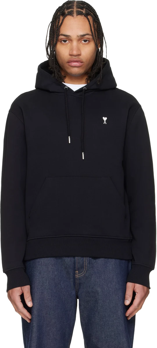 AMI Paris Black Cotton Contrasted Ami de Coeur Hoodie in Black