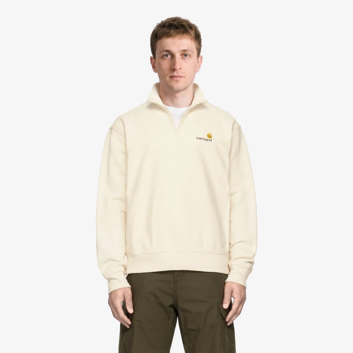 Carhartt WIP Off-White Half Zip American Script Sweatshirt in Off-White