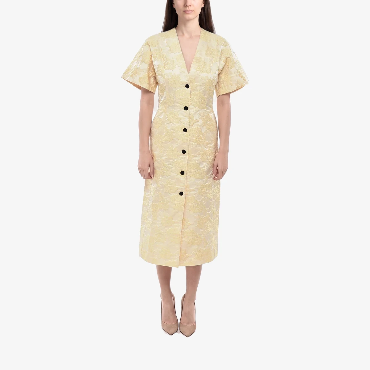 GANNI Jacquard Short-Sleeved Shirt Dress in Yellow