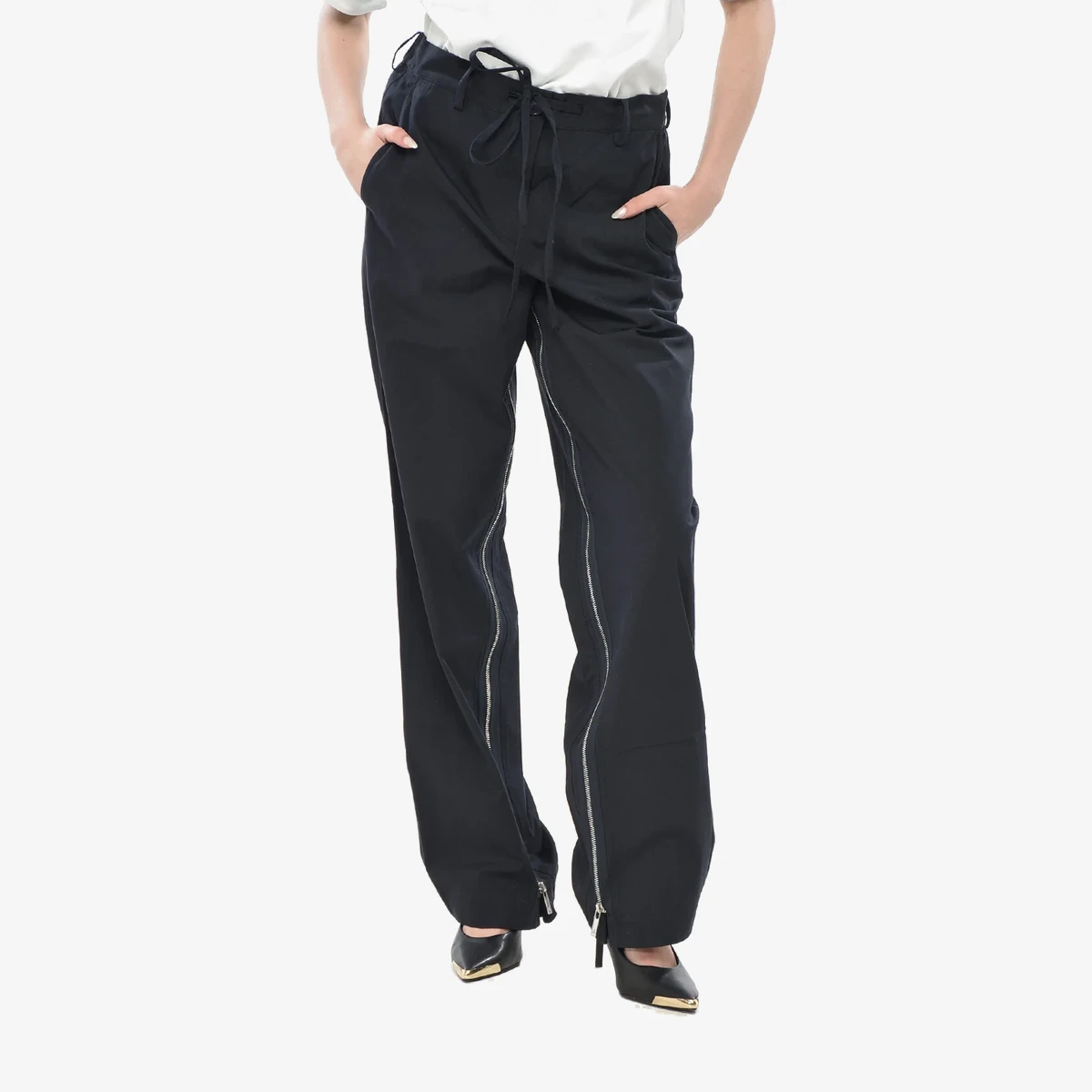 Helmut Lang Cotton-Blend Trousers with Ankle Zip in Blue