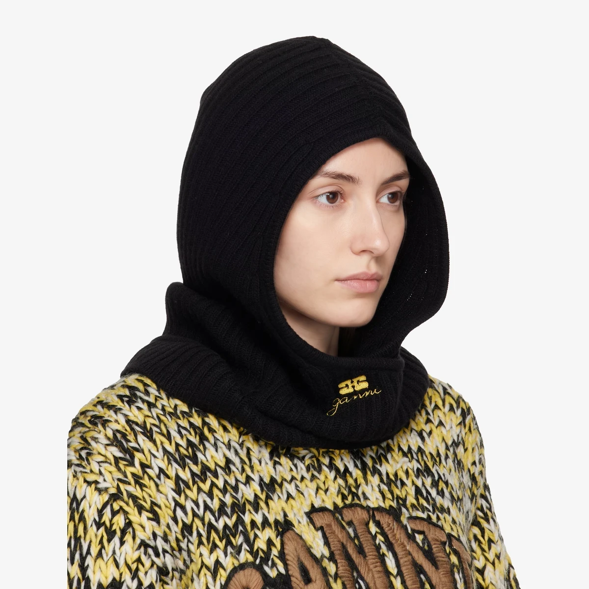 GANNI Black Wool Mix Balaclava in Black