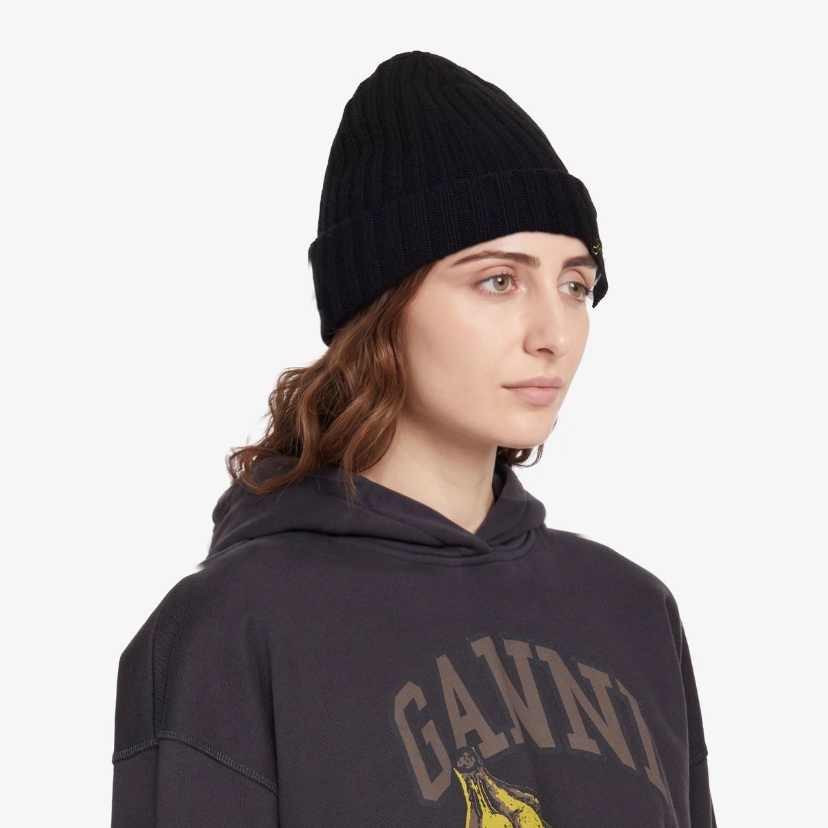 GANNI Black Wool Knit Beanie in Black
