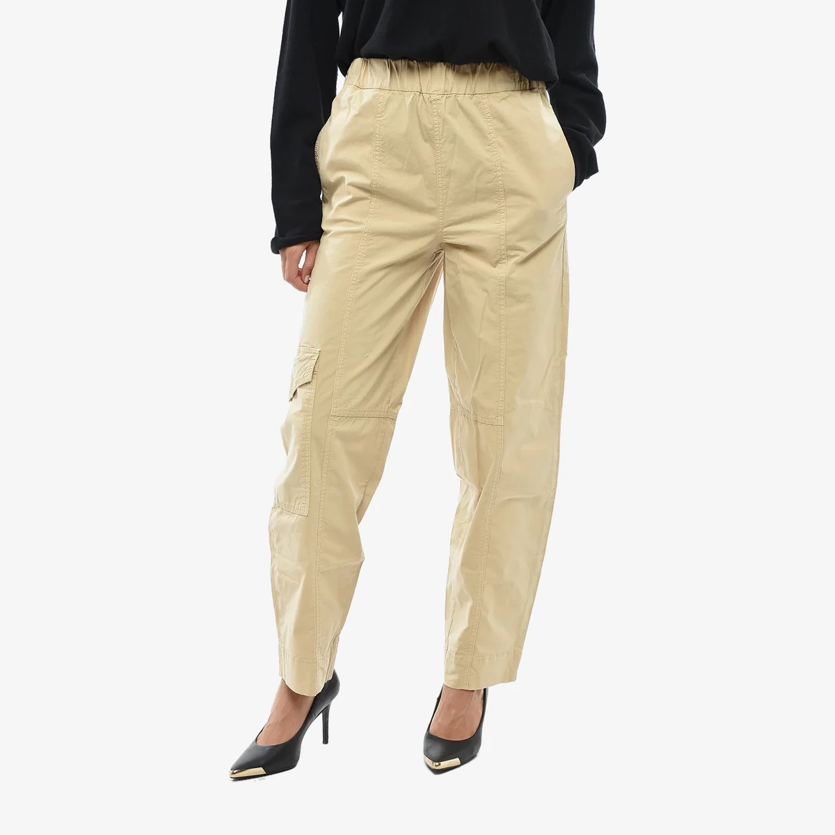 GANNI Cotton Cargo Pants With Elastic Waist in Beige