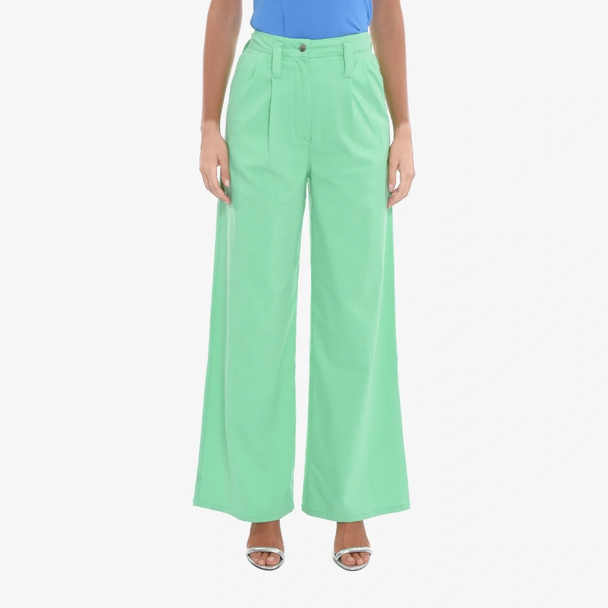 Rotate Flared Trousers NAYA with Double Pleat and Silver Button in Green