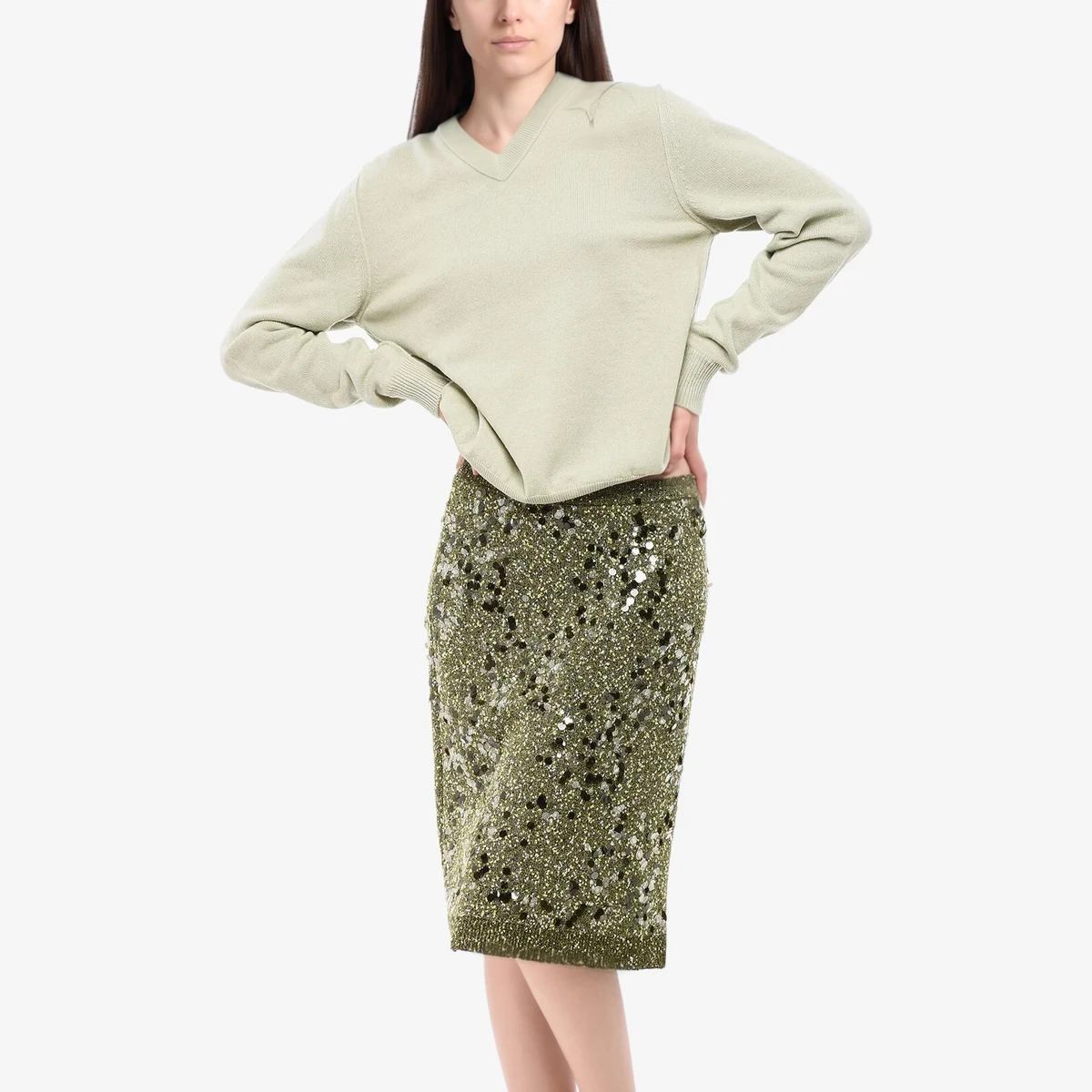 Maison Margiela MM4 MM14 Solid Cashmere V-Neck Sweater in Green