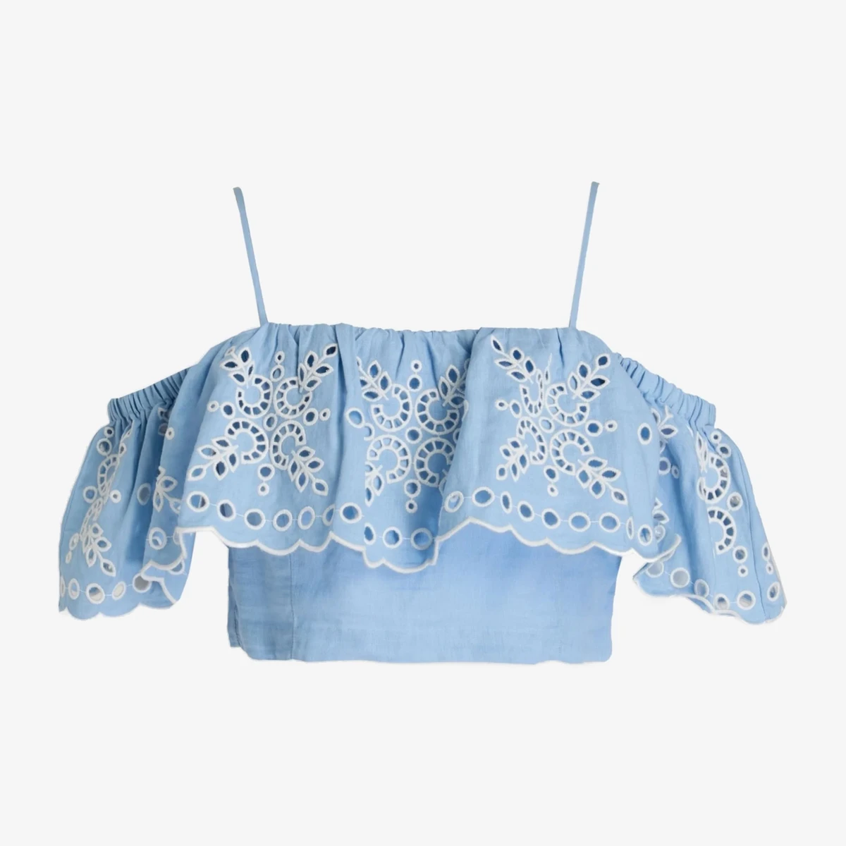 Sandro Cold-Shoulder Cropped Broderie Anglaise Linen-Blend Top in Blue