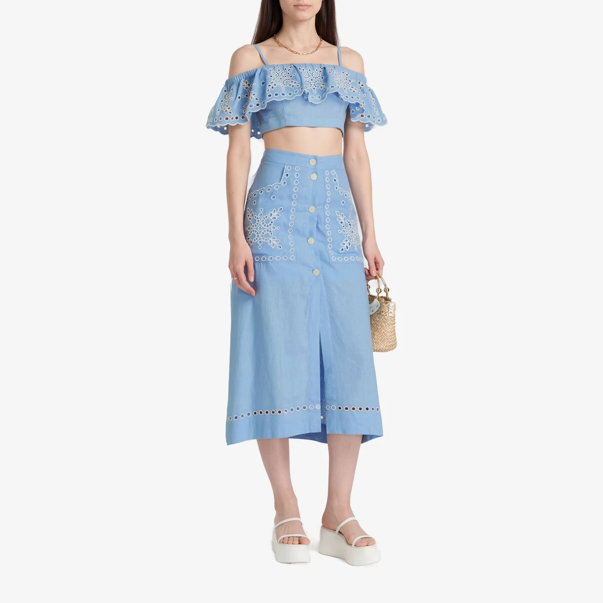 Cold-Shoulder Cropped Broderie Anglaise Linen-Blend Top вид 2