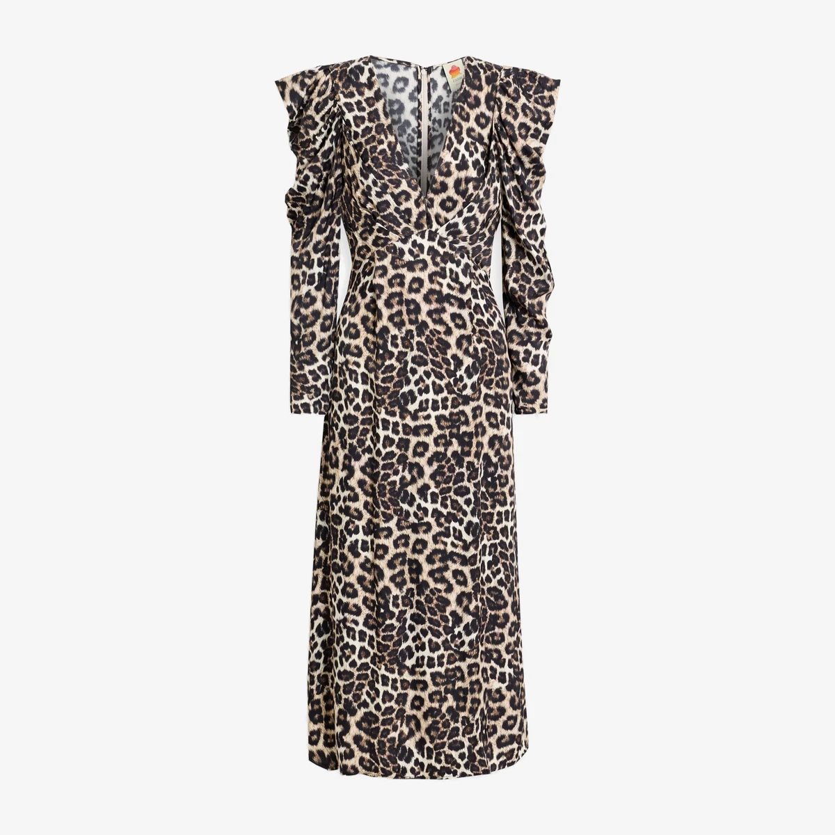Farm Rio Ruched leopard-print satin midi dress in Beige