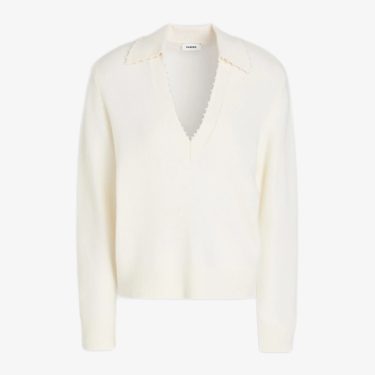 Sandro Bead-Embellished Wool Polo Sweater in White