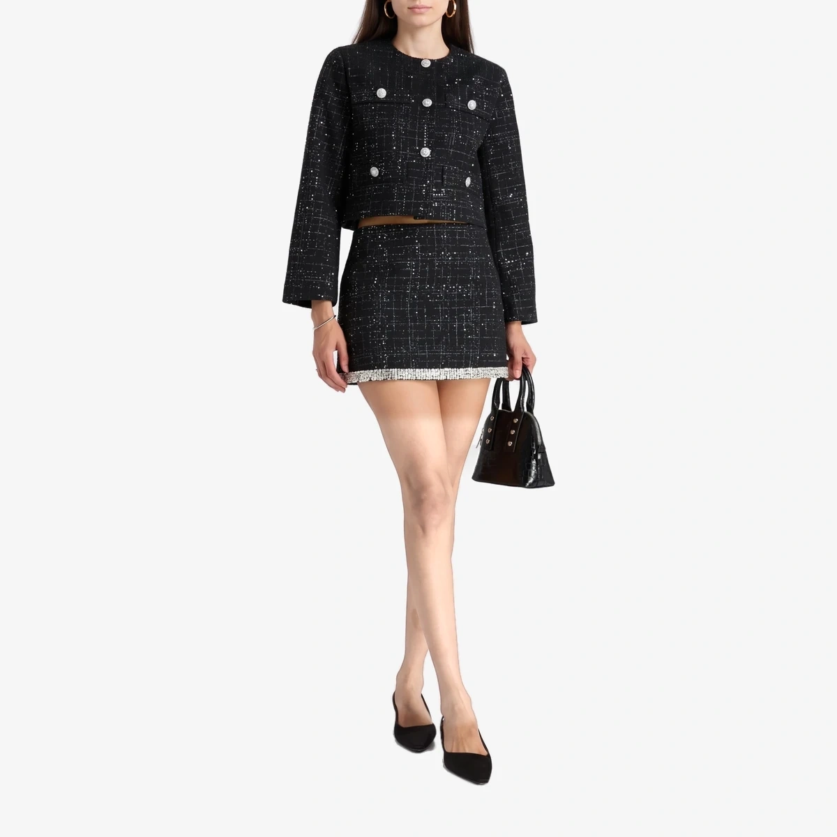 Skirt-Effect Embellished Tweed Shorts ხედი 2
