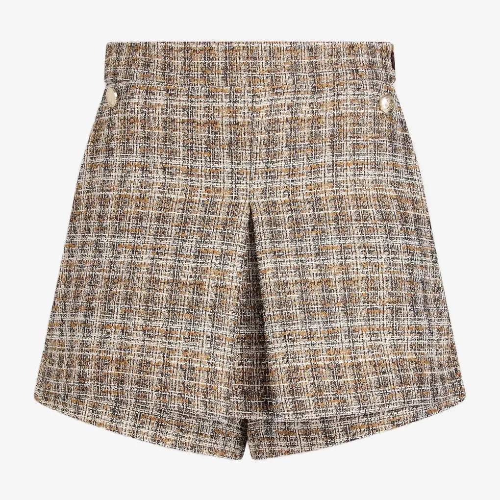 Maje Skirt-Effect Pleated Tweed Shorts in Beige