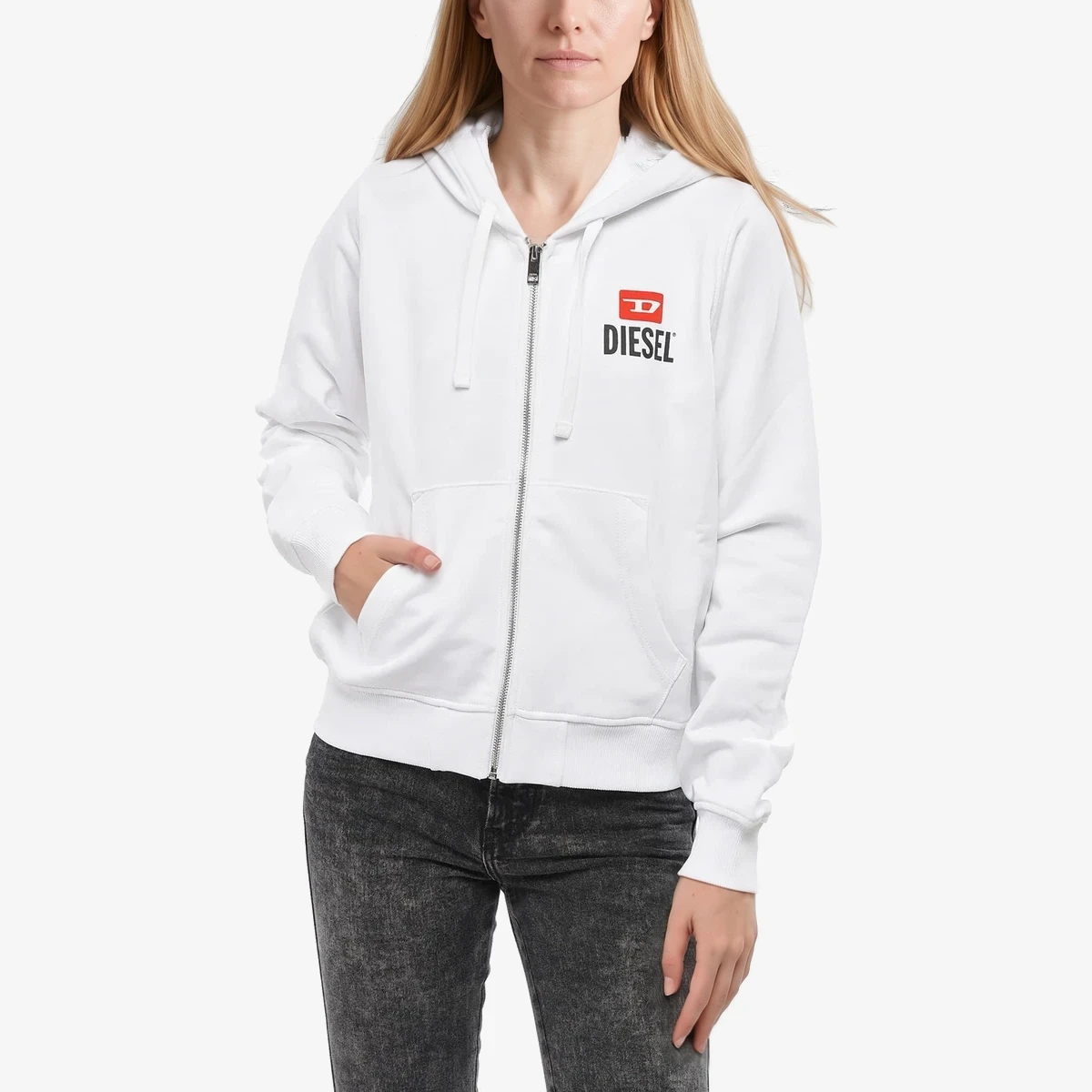 Diesel Full-Zip Hoodie with Flocked Logo in White