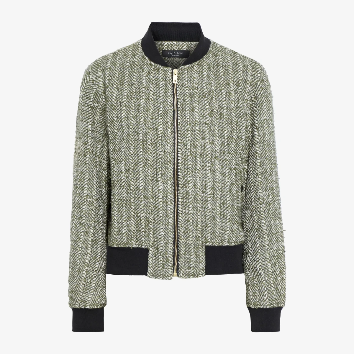 Rag & Bone Manston Metallic Herringbone Wool-Blend Tweed Bomber Jacket in Green