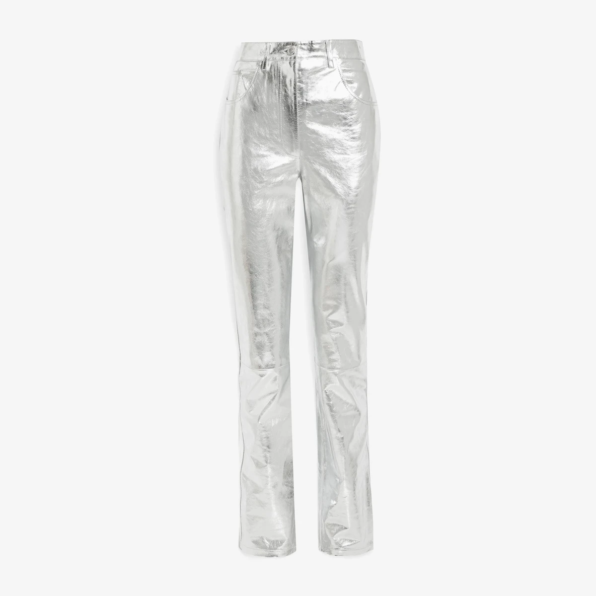 Helmut Lang Mirror Crinkled-Leather Straight-Leg Pants in Silver