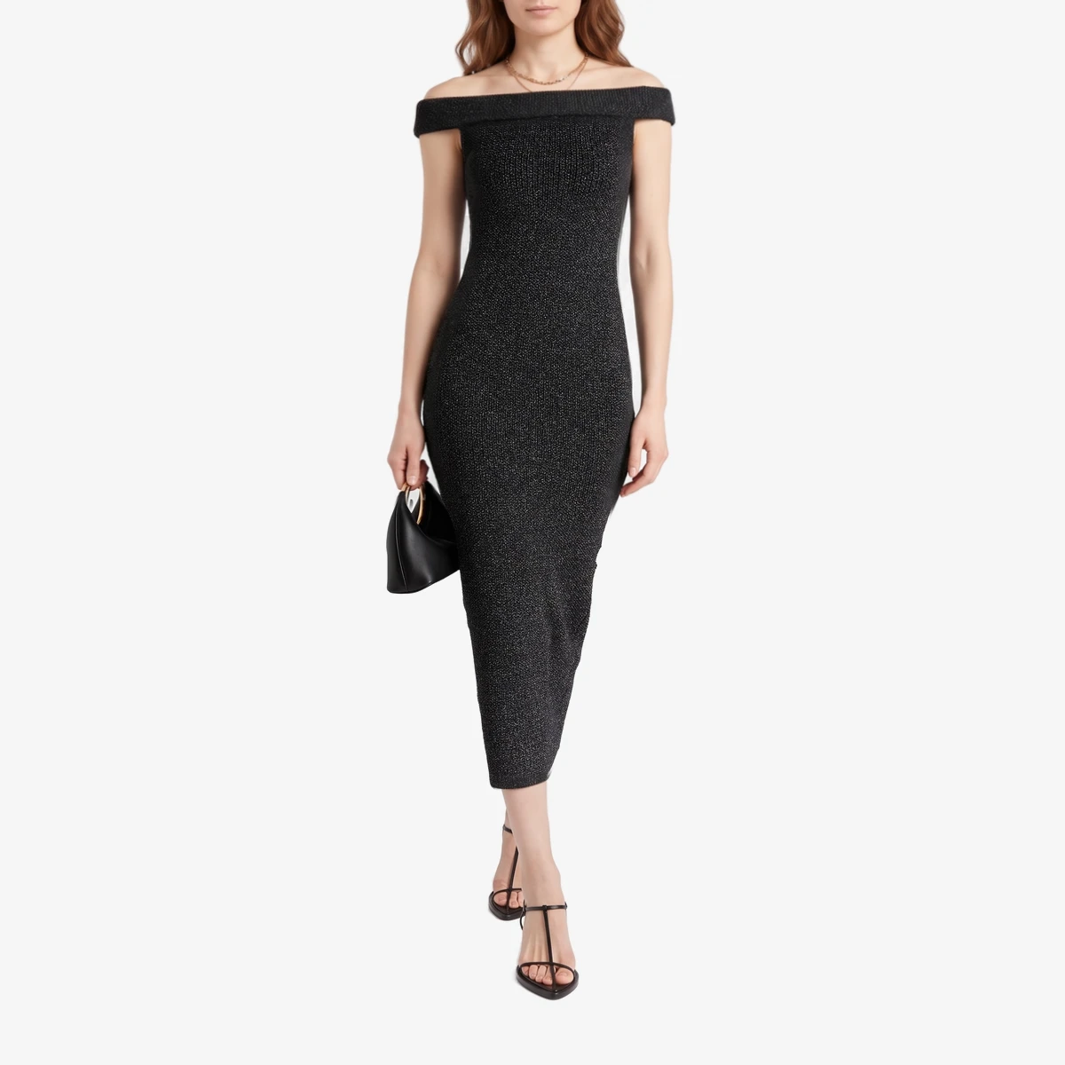 Off-the-Shoulder Metallic Knitted Midi Dress view 2