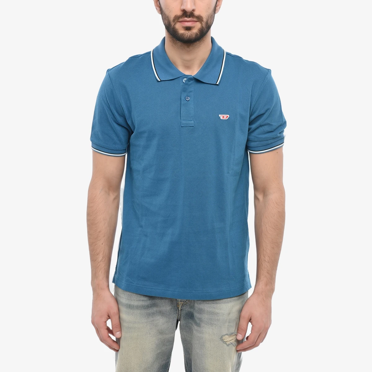 Diesel Cotton Two-Button Polo T-SMITH-D With Embroidered Monogram in Blue