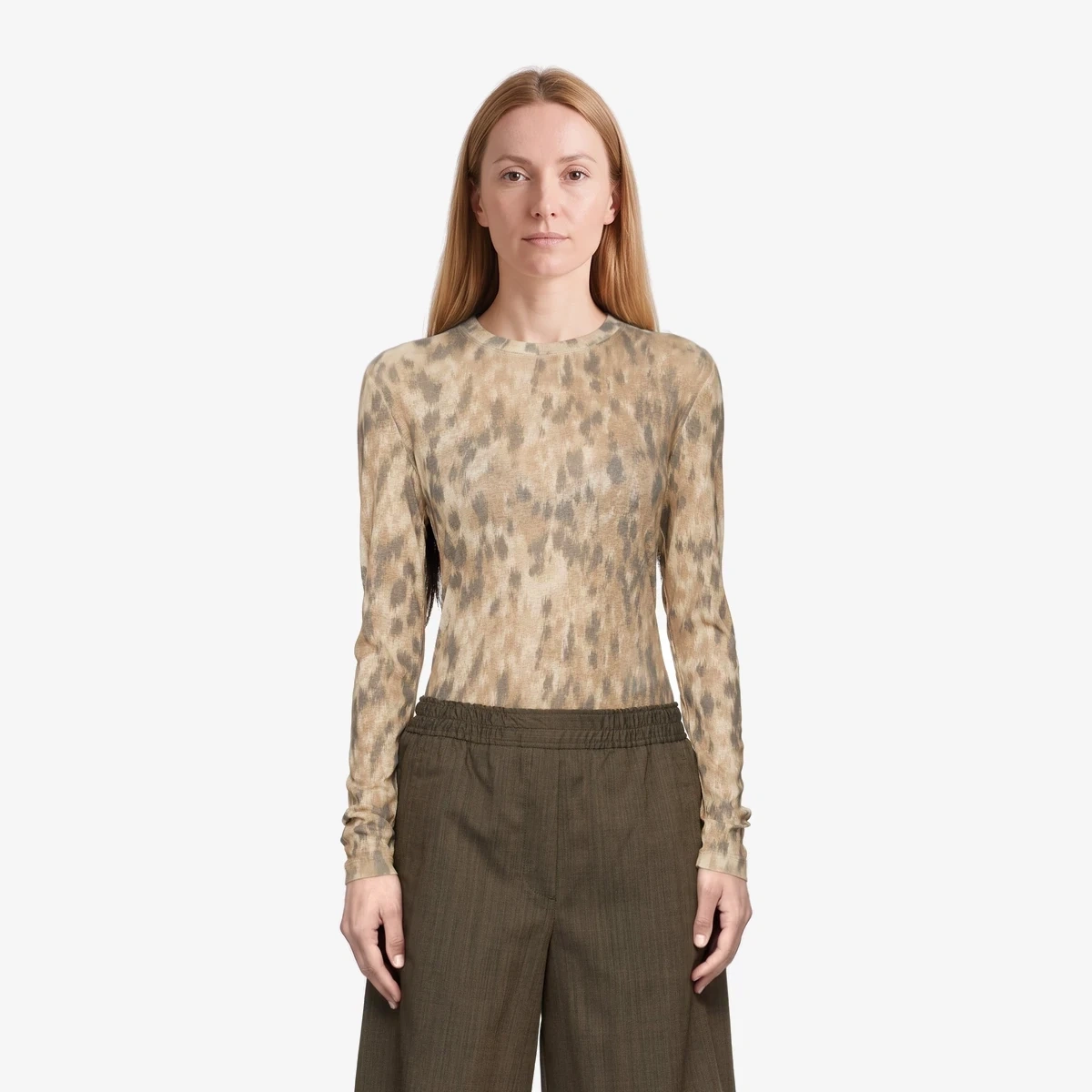 GANNI Beige Printed Marl Mesh Long-Sleeve T-shirt in Beige