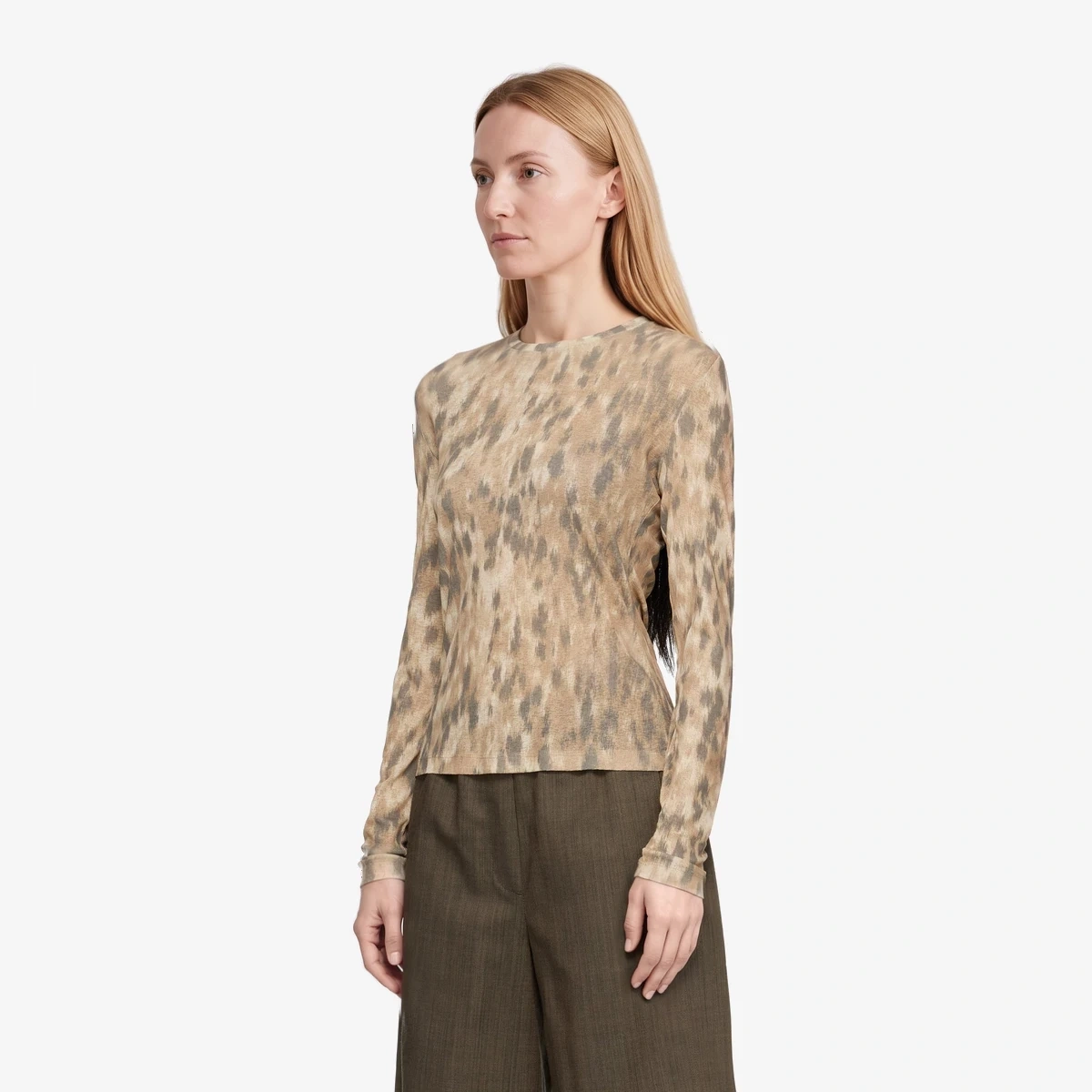 Beige Printed Marl Mesh Long-Sleeve T-shirt view 4