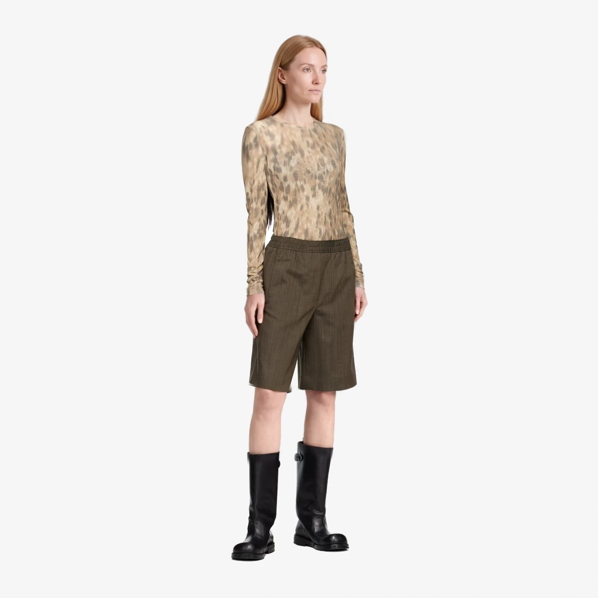 Beige Printed Marl Mesh Long-Sleeve T-shirt view 5