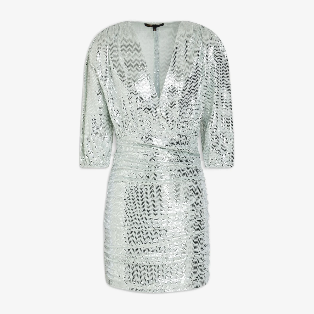 Maje Ruched Sequined Jersey Mini Dress in Silver