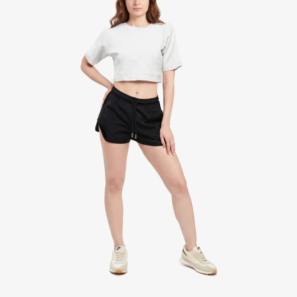 Off-White Ribbed Crewneck Crop T-Shirt in Grey